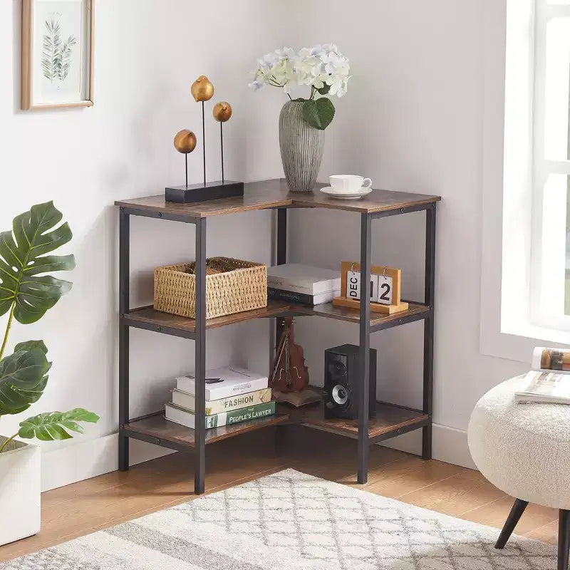 Table d'angle VECELO à 3 étagères ouvertes, meuble de rangement multifonctionnel pour petit espace ou salon, marron/gris
