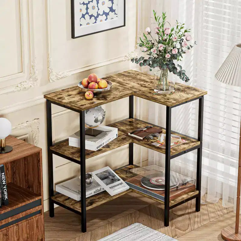 Table d'angle VECELO à 3 étagères ouvertes, meuble de rangement multifonctionnel pour petit espace ou salon, marron/gris