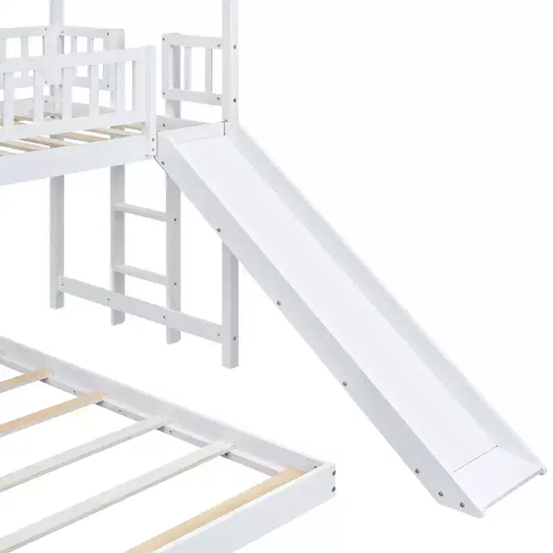 Lit superposé cabane Whisen House Design avec toboggan et échelle intégrée, couchage double sur lit double