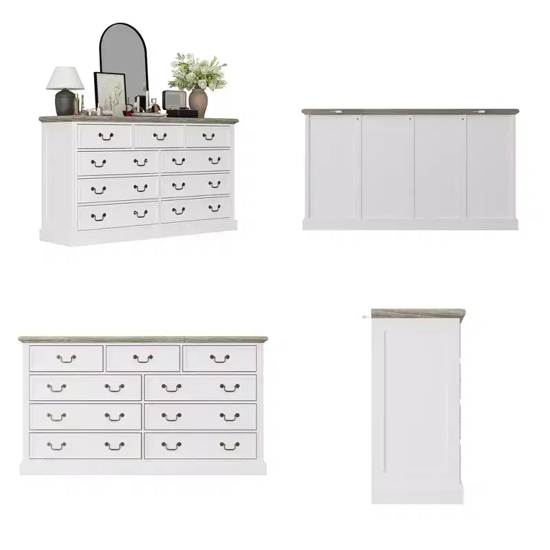 Commode de rangement Famapy Blanche à 9 Tiroirs : Design Élégant avec Poignées en Laiton Antique et Plateau Rustique pour un Attrait Particulier