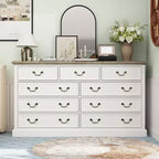 Commode de rangement Famapy Blanche à 9 Tiroirs : Design Élégant avec Poignées en Laiton Antique et Plateau Rustique pour un Attrait Particulier