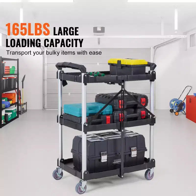 Chariot de service pliable VEVOR, chariot roulant en plastique robuste à 3 étagères de 75 kg, chariot à outils portable pour entrepôt/bureau/maison