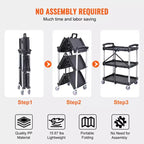 Chariot de service pliable VEVOR, chariot roulant en plastique robuste à 3 étagères de 75 kg, chariot à outils portable pour entrepôt/bureau/maison