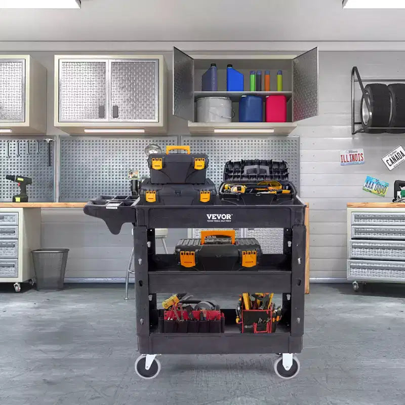 Chariot de service VEVOR, Chariot utilitaire roulant en plastique robuste à 3 étagères de 250 kg avec roues pivotantes à 360° (2 avec freins)