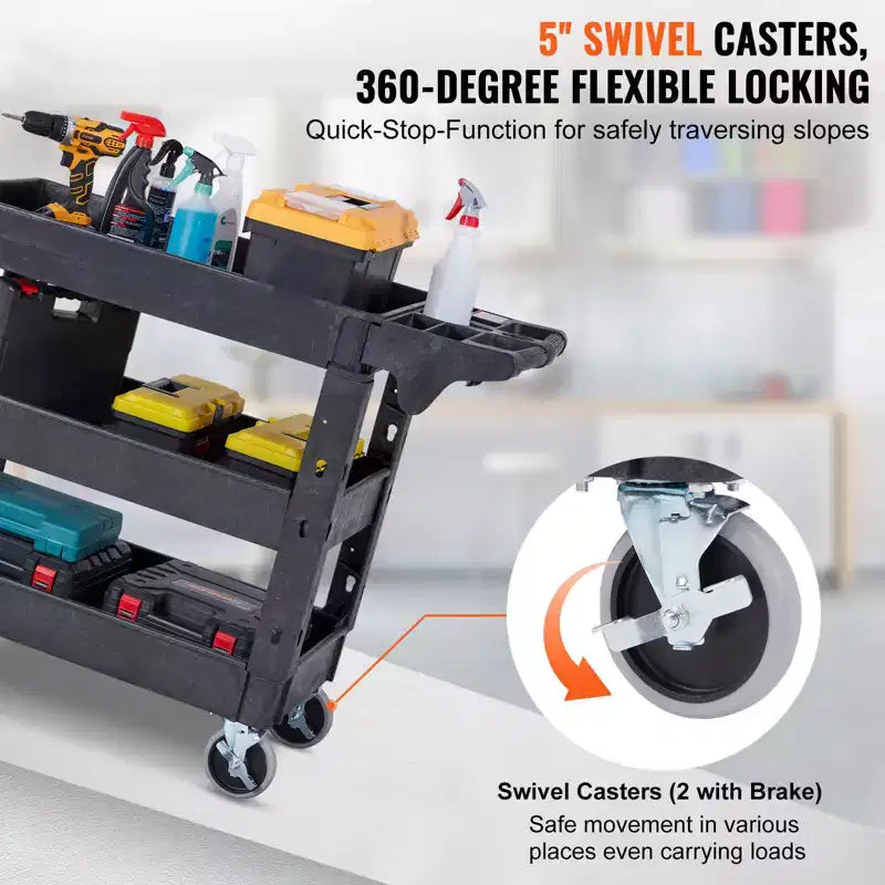 Chariot de service VEVOR, Chariot utilitaire roulant en plastique robuste à 3 étagères de 250 kg avec roues pivotantes à 360° (2 avec freins)