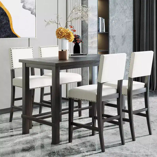 5-Piece Counter Height Dining Table Set Dining Set with Classic Dining Table and 4 Cushioned Dining Chairs, Natural Wood Wash/Espresso-ModernLuxe