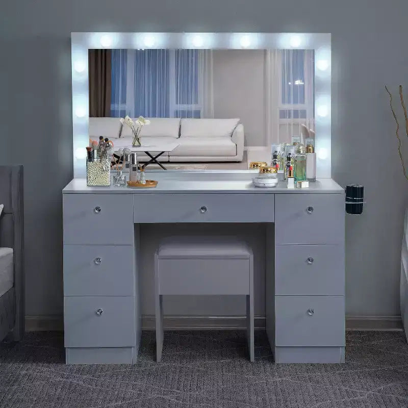 Coiffeuse avec Miroirs, Lumières LED, Table de Maquillage avec 7 Tiroirs et Tabouret