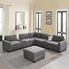Canapé d'angle en U Whisen Chenille avec 2 consoles, chargeur USB, tiroirs et poches de rangement et pouf mobile