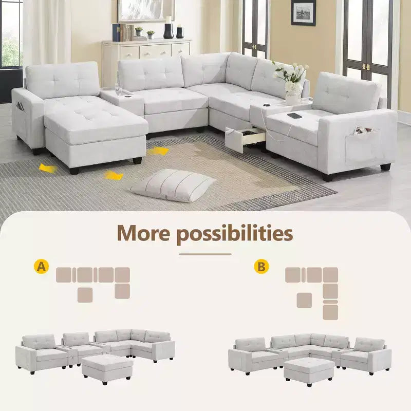 Canapé d'angle en U Whisen Chenille avec 2 consoles, chargeur USB, tiroirs et poches de rangement et pouf mobile