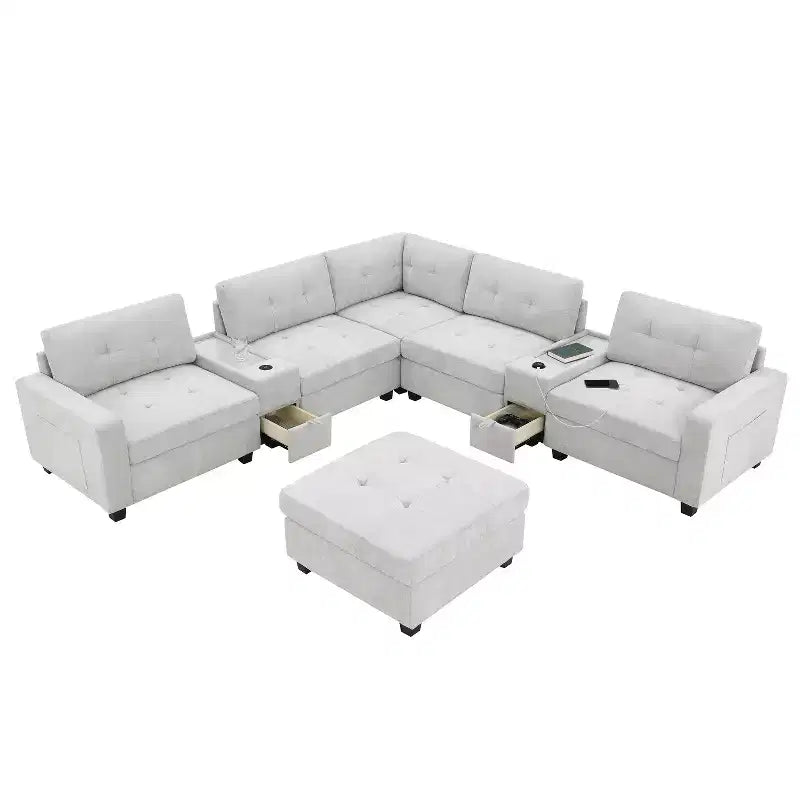 Canapé d'angle en U Whisen Chenille avec 2 consoles, chargeur USB, tiroirs et poches de rangement et pouf mobile