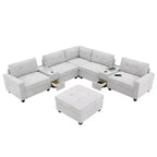 Canapé d'angle en U Whisen Chenille avec 2 consoles, chargeur USB, tiroirs et poches de rangement et pouf mobile