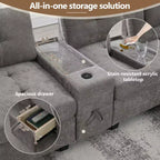 Canapé d'angle en U Whisen Chenille avec 2 consoles, chargeur USB, tiroirs et poches de rangement et pouf mobile