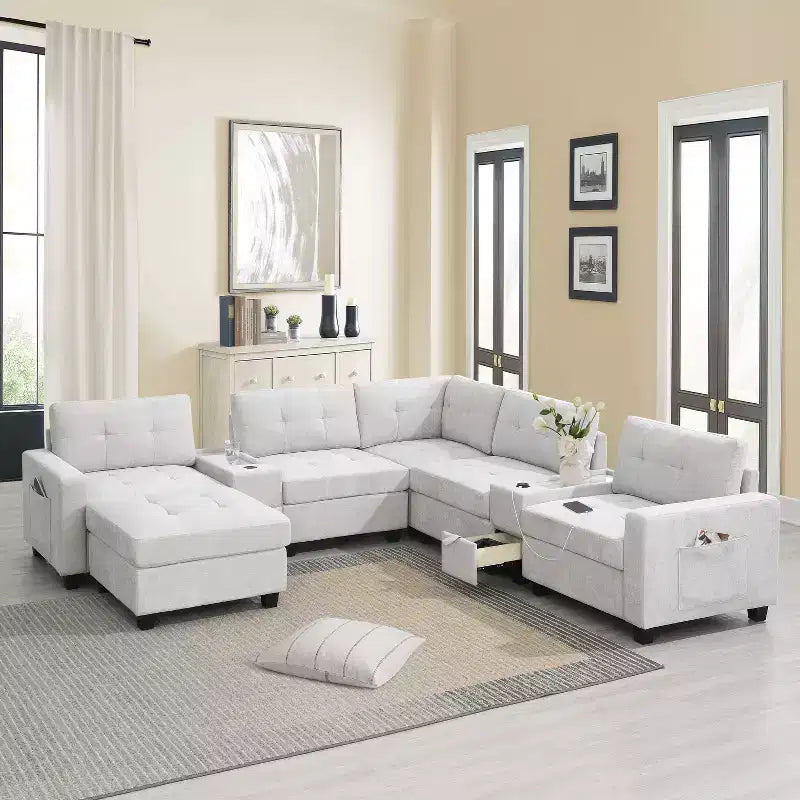 Canapé d'angle en U Whisen Chenille avec 2 consoles, chargeur USB, tiroirs et poches de rangement et pouf mobile