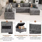 Canapé d'angle moderne Whisen 112 convertible avec pouf de rangement, trois oreillers, dispositifs de chargement