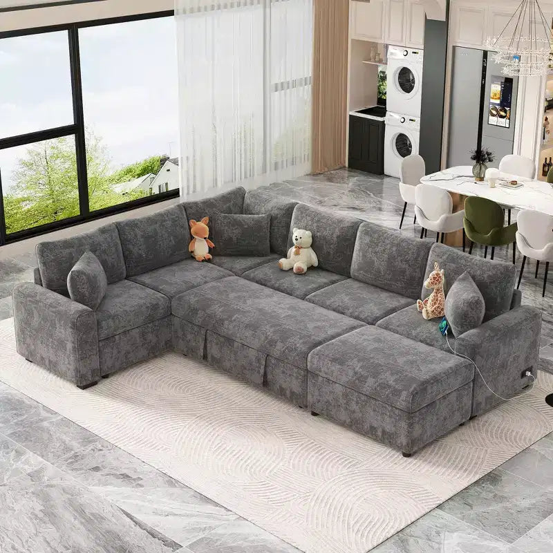 Canapé d'angle moderne Whisen 112 convertible avec pouf de rangement, trois oreillers, dispositifs de chargement