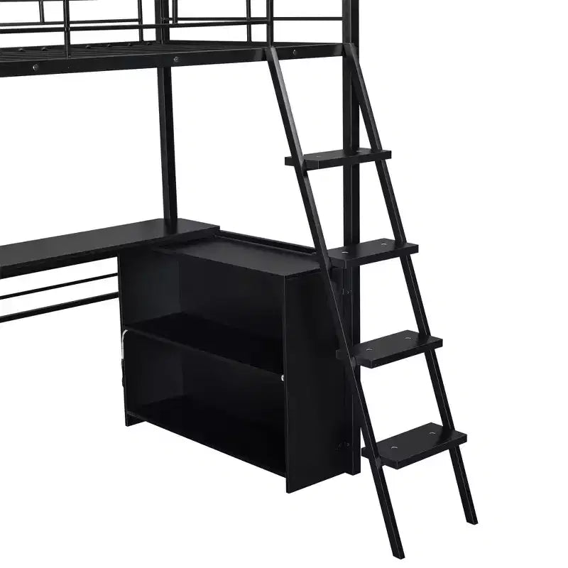 Lit mezzanine double/grand format en métal avec lumière LED, bureau et 4 étagères de rangement, noir - ModernLuxe