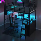 Lit mezzanine double/grand format en métal avec lumière LED, bureau et 4 étagères de rangement, noir - ModernLuxe