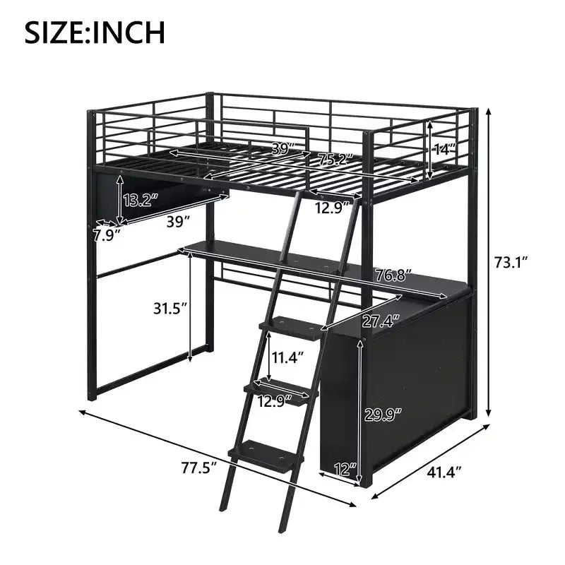 Lit mezzanine double/grand format en métal avec lumière LED, bureau et 4 étagères de rangement, noir - ModernLuxe