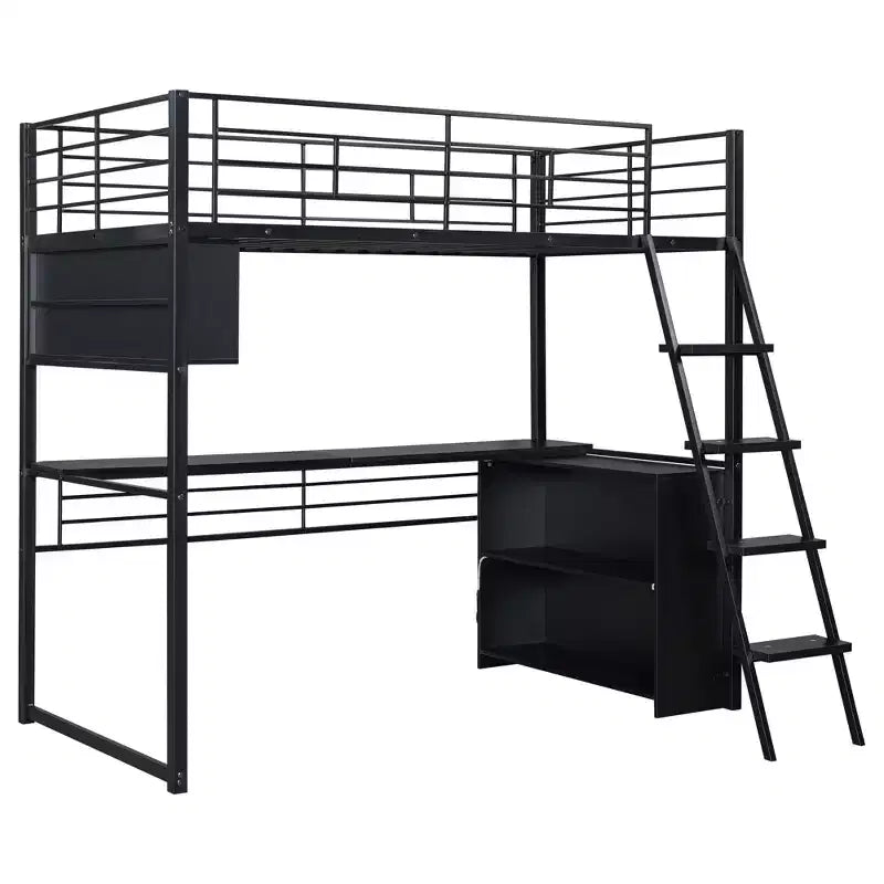 Lit mezzanine double/grand format en métal avec lumière LED, bureau et 4 étagères de rangement, noir - ModernLuxe