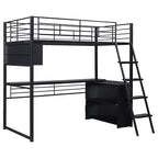 Lit mezzanine double/grand format en métal avec lumière LED, bureau et 4 étagères de rangement, noir - ModernLuxe