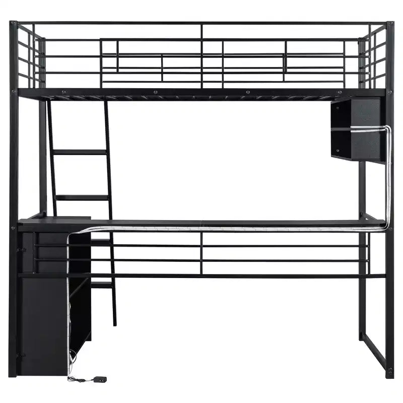 Lit mezzanine double/grand format en métal avec lumière LED, bureau et 4 étagères de rangement, noir - ModernLuxe