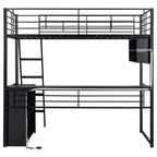 Lit mezzanine double/grand format en métal avec lumière LED, bureau et 4 étagères de rangement, noir - ModernLuxe
