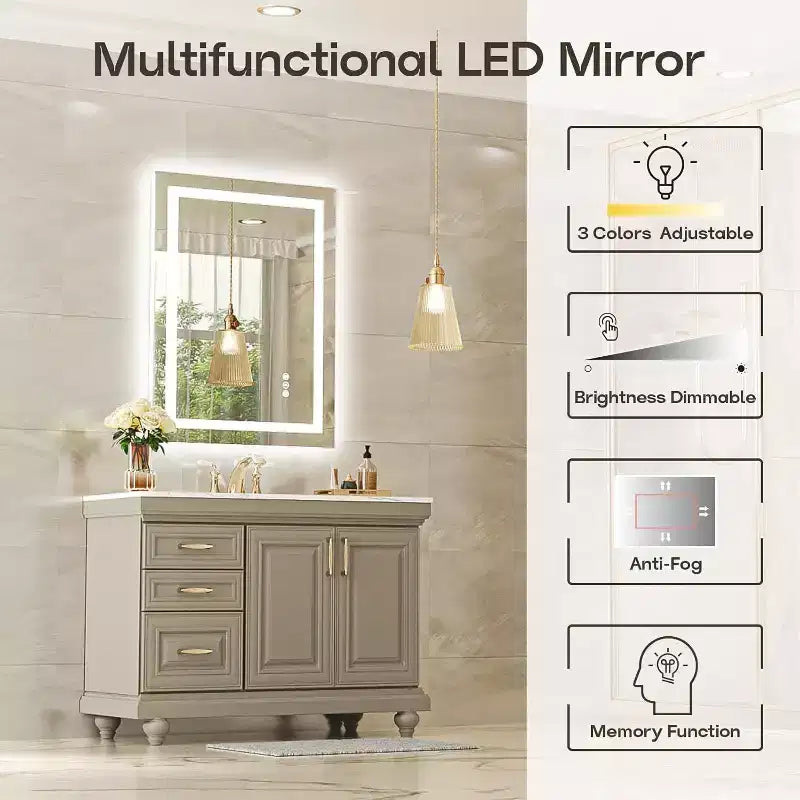 Miroir LED pour salle de bain avec anti-buée, 3 couleurs dimmables, fonction mémoire, verre trempé, certifié ETL, mural