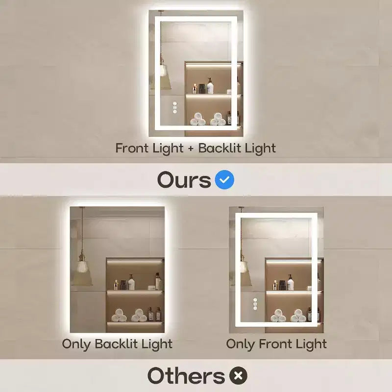 Miroir LED pour salle de bain avec anti-buée, 3 couleurs dimmables, fonction mémoire, verre trempé, certifié ETL, mural