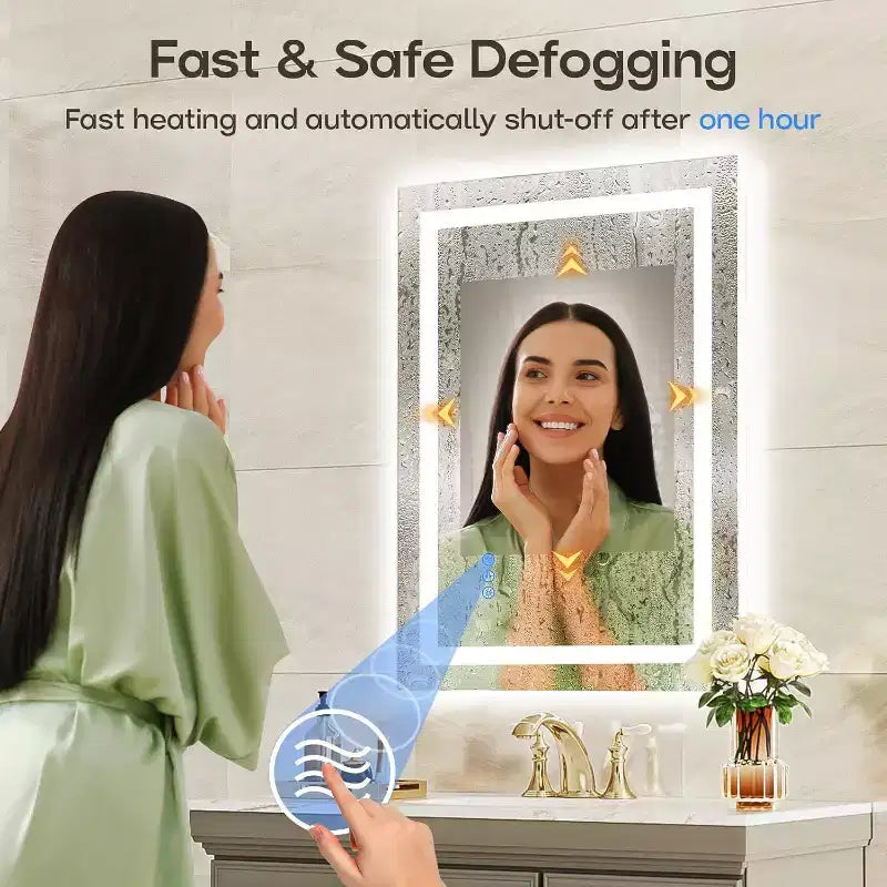 Miroir LED pour salle de bain avec anti-buée, 3 couleurs dimmables, fonction mémoire, verre trempé, certifié ETL, mural