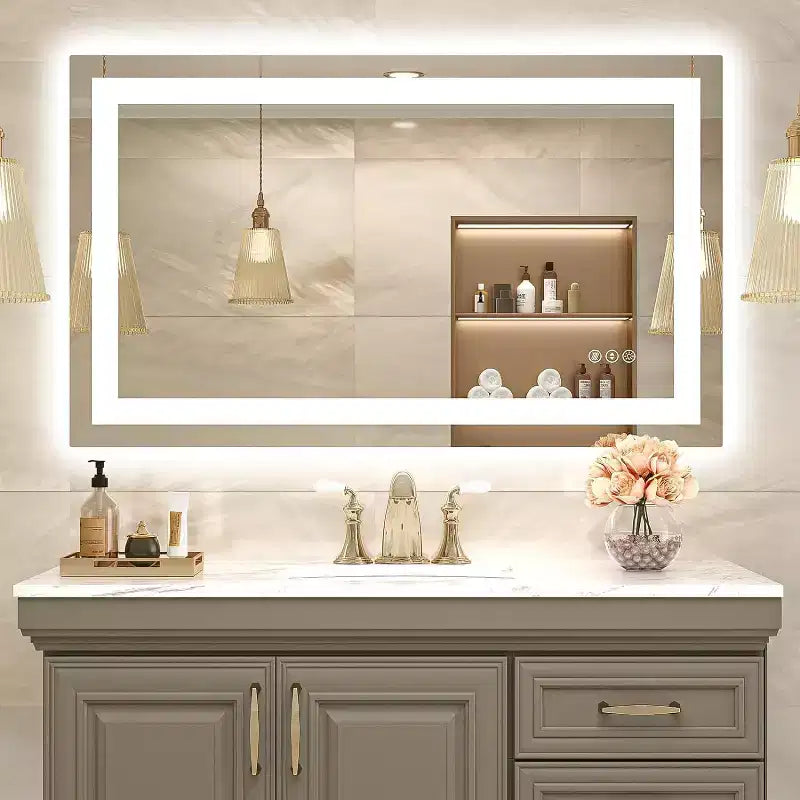 Miroir LED pour salle de bain avec anti-buée, 3 couleurs dimmables, fonction mémoire, verre trempé, certifié ETL, mural