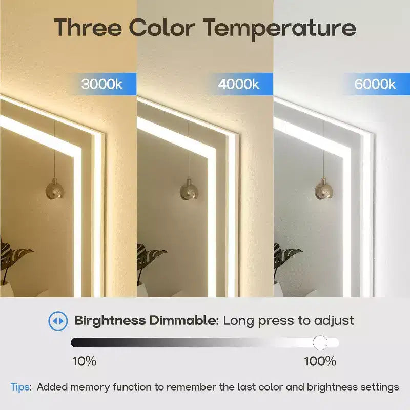 Miroir LED pour salle de bain avec anti-buée, 3 couleurs dimmables, fonction mémoire, verre trempé, certifié ETL, mural