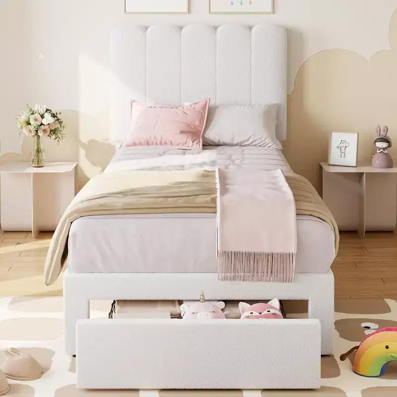 Cadre de lit double avec tiroir de rangement et tête de lit, plateforme de lit double tapissée en velours pour filles, support robuste à lattes en bois, sans bruit