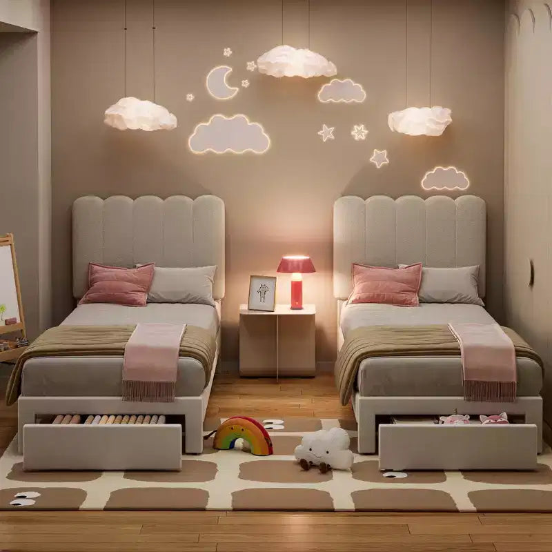 Cadre de lit double avec tiroir de rangement et tête de lit, plateforme de lit double tapissée en velours pour filles, support robuste à lattes en bois, sans bruit
