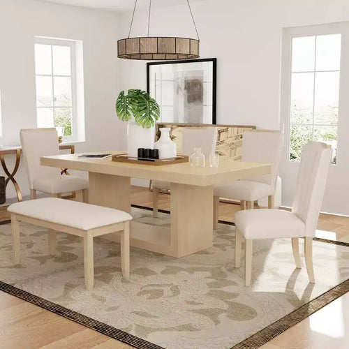 6 Piece Extendable Dining Table Set Dining Set with Removable Leaf, 4 Upholstered Dining Chairs and Bench, Natural+Beige - ModernLuxe