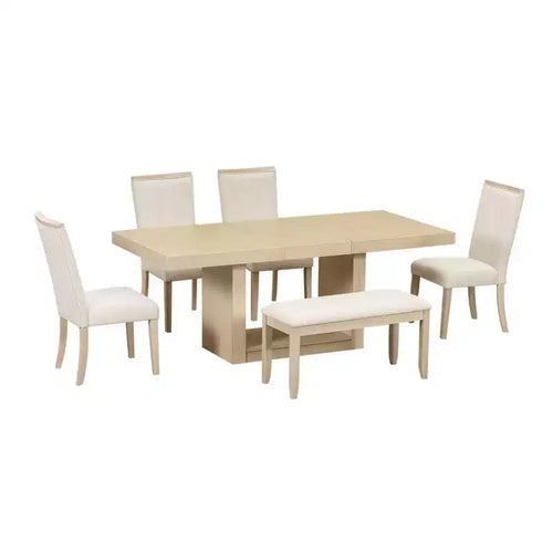 Ensemble de salle à manger 6 pièces avec table extensible et rallonge amovible, 4 chaises de salle à manger rembourrées et un banc, Naturel+Beige - ModernLuxe