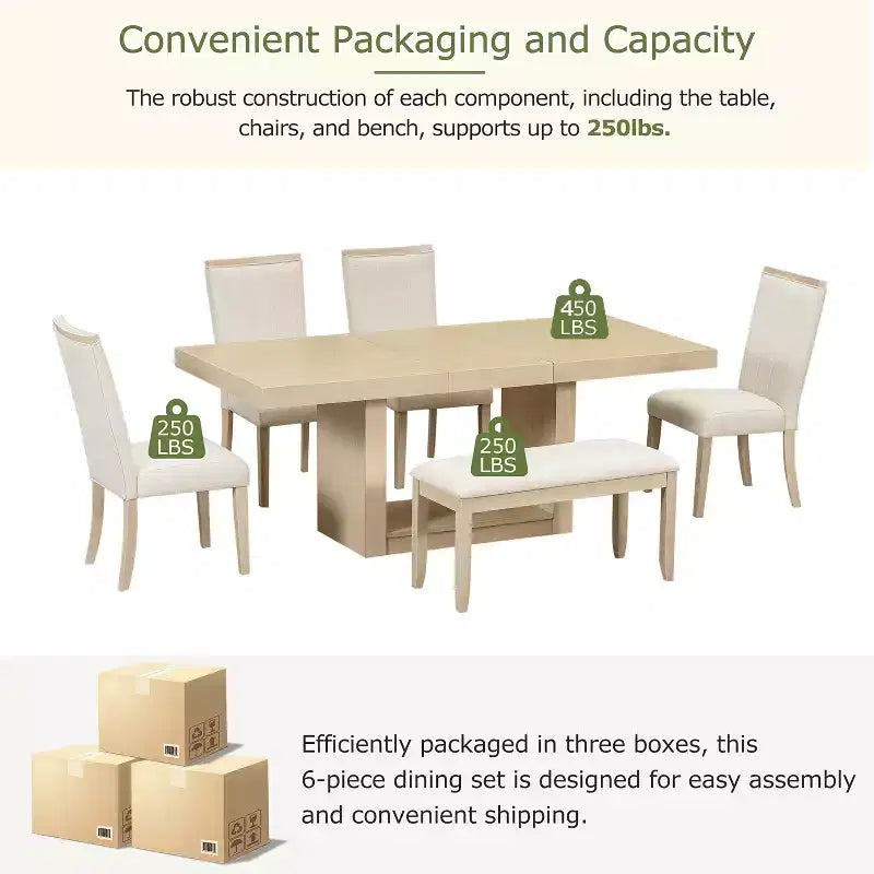 Ensemble de salle à manger 6 pièces avec table extensible et rallonge amovible, 4 chaises de salle à manger rembourrées et un banc, Naturel+Beige - ModernLuxe