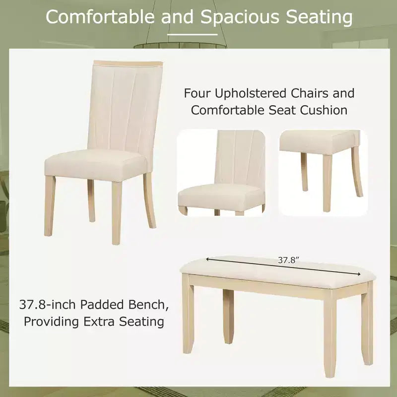 Ensemble de salle à manger 6 pièces avec table extensible et rallonge amovible, 4 chaises de salle à manger rembourrées et un banc, Naturel+Beige - ModernLuxe