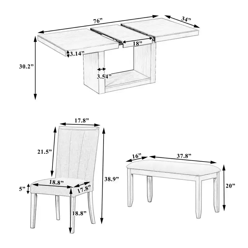 Ensemble de salle à manger 6 pièces avec table extensible et rallonge amovible, 4 chaises de salle à manger rembourrées et un banc, Naturel+Beige - ModernLuxe