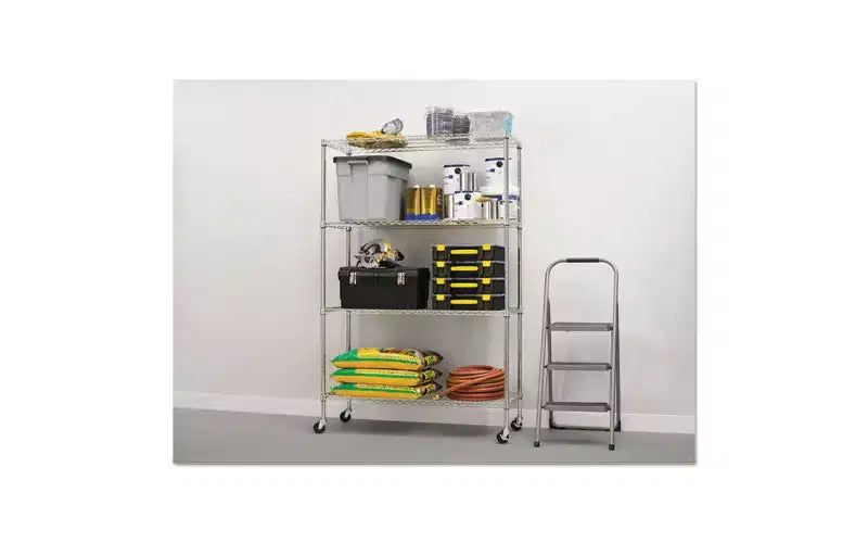 Alera Kit d'étagères métalliques à 4 niveaux certifiées NSF avec roulettes, 122 x 46 x 183 cm (L x P x H), argenté