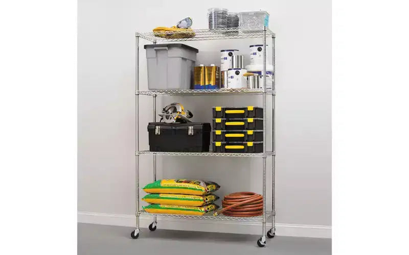 Alera Kit d'étagères métalliques à 4 niveaux certifiées NSF avec roulettes, 122 x 46 x 183 cm (L x P x H), argenté