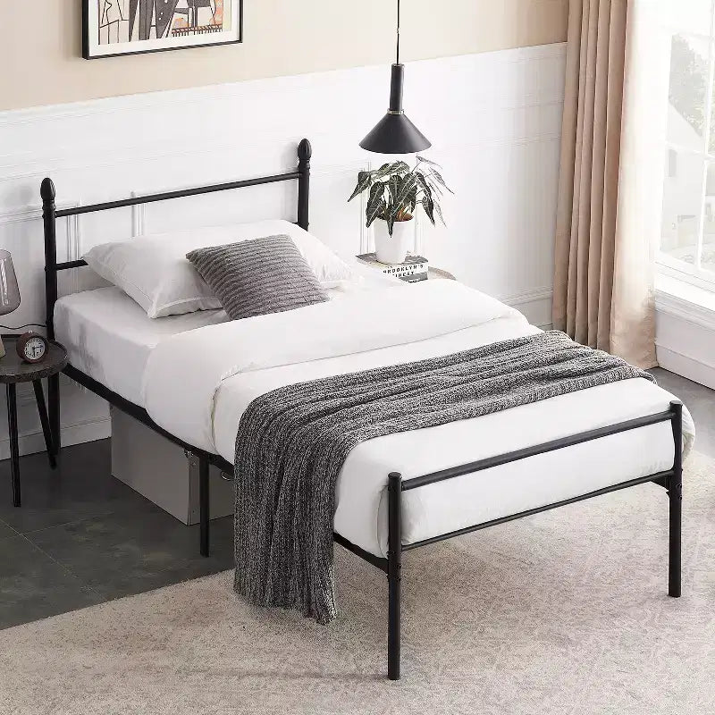 VECELO Lit plateforme double en métal, cadre de lit avec tête et pied de lit, sommier tapissier non requis, noir
