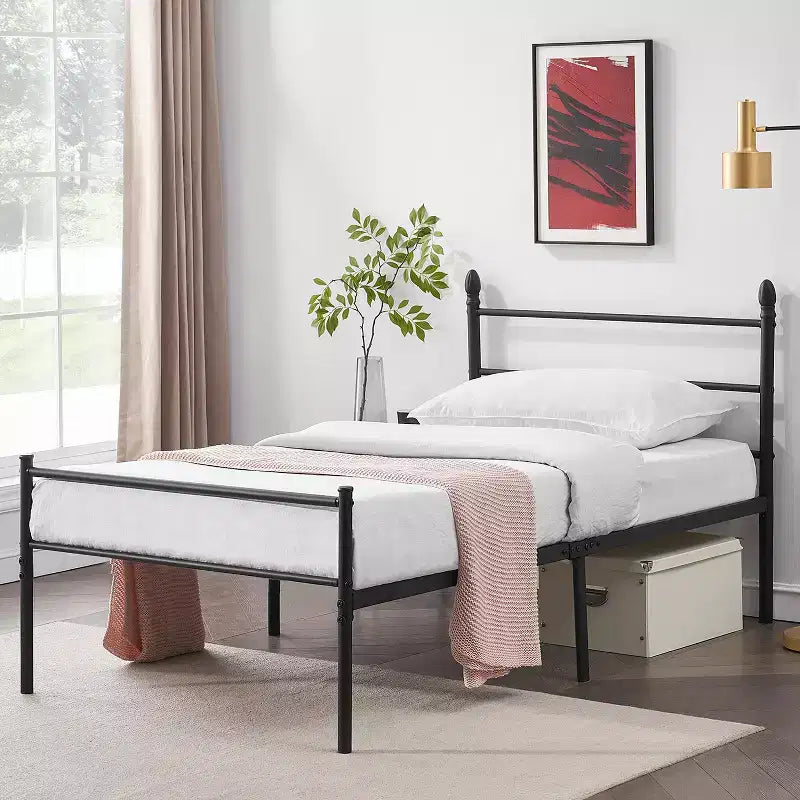 VECELO Lit plateforme double en métal, cadre de lit avec tête et pied de lit, sommier tapissier non requis, noir