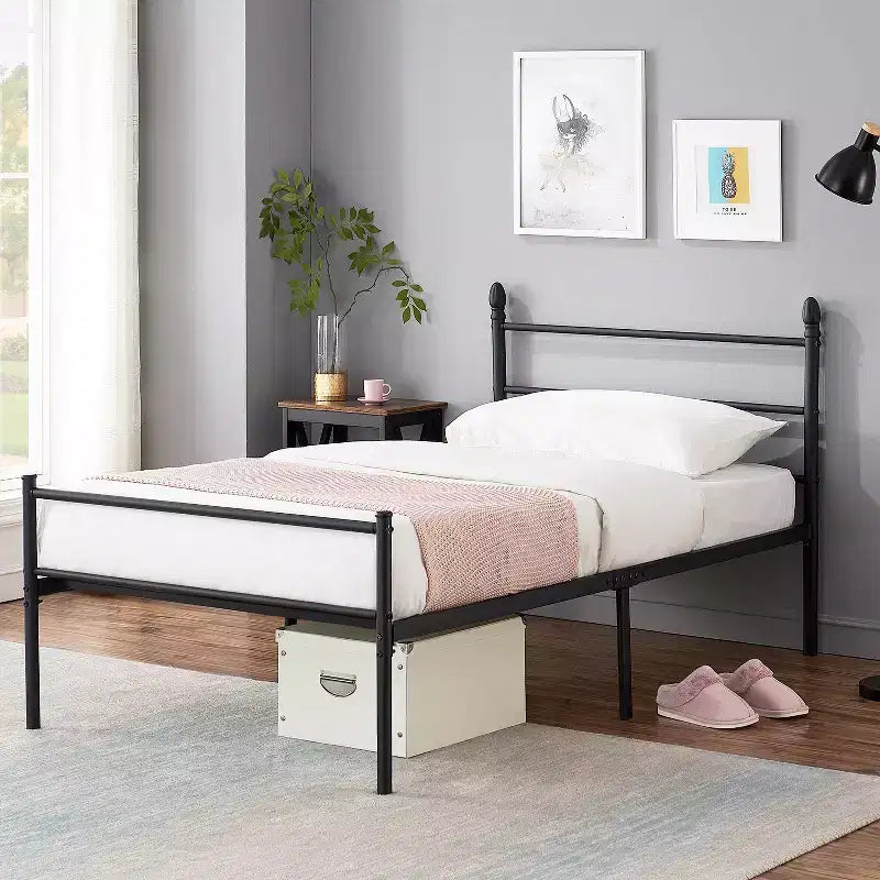 VECELO Lit plateforme double en métal, cadre de lit avec tête et pied de lit, sommier tapissier non requis, noir