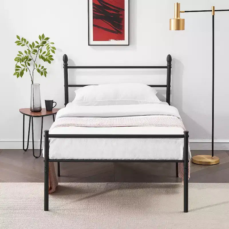 VECELO Lit plateforme double en métal, cadre de lit avec tête et pied de lit, sommier tapissier non requis, noir