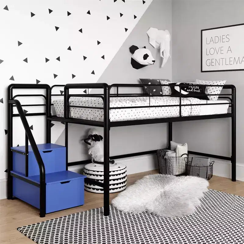 Lit mezzanine double en métal DHP Sol Junior avec marches de rangement