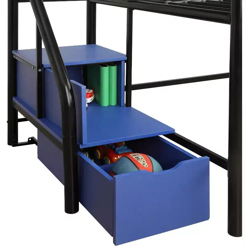 Lit mezzanine double en métal DHP Sol Junior avec marches de rangement