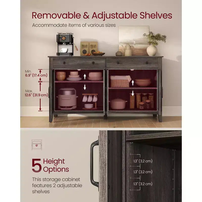 Meuble à café, Armoire de rangement de cuisine avec 2 tiroirs, Buffet de ferme avec étagères réglables pour la cuisine