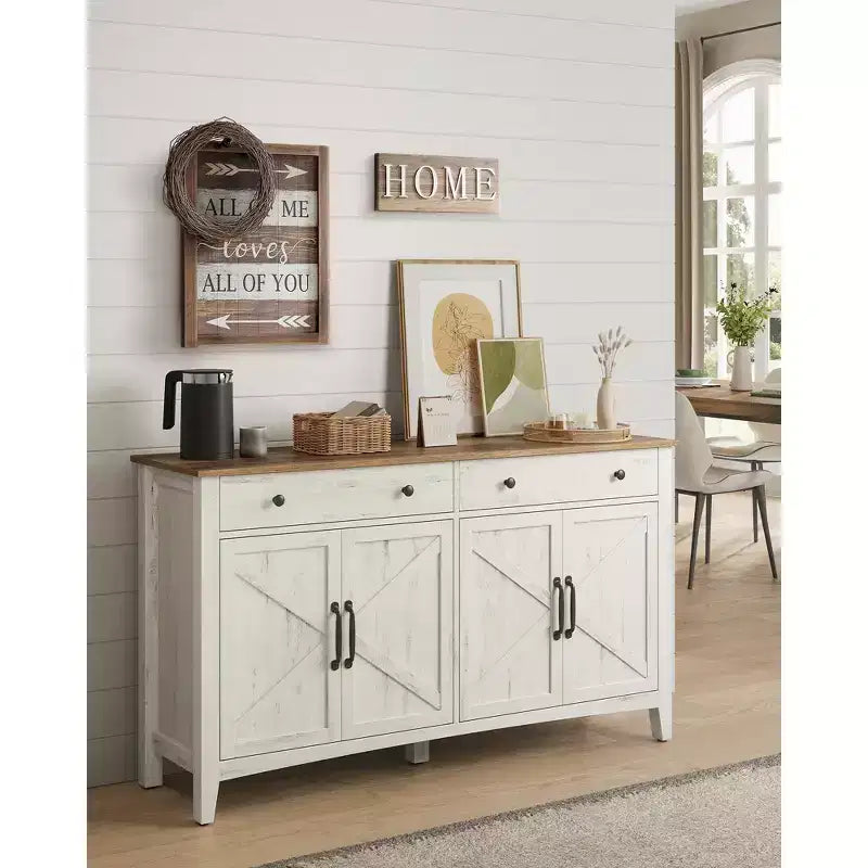 Meuble à café, Armoire de rangement de cuisine avec 2 tiroirs, Buffet de ferme avec étagères réglables pour la cuisine