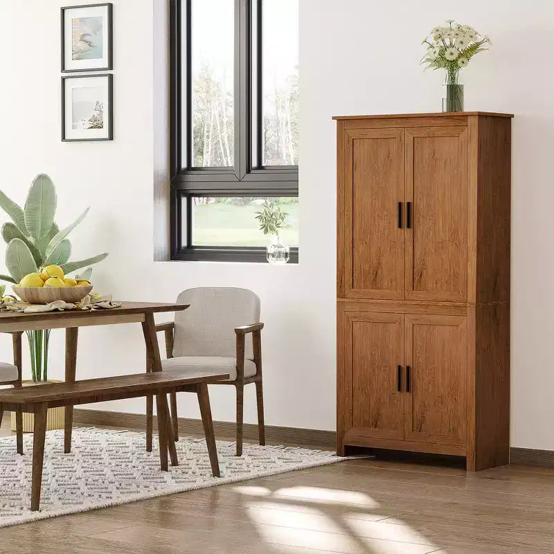 HOMCOM Armoire de cuisine autonome à 4 portes, meuble de rangement avec 3 étagères réglables pour cuisine, salle à manger ou salon, chêne