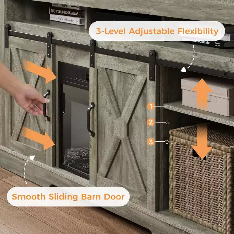 Meuble TV Heynemo Farmhouse pour cheminée de 23 pouces, meuble de divertissement de 34 pouces de haut pour téléviseur de plus de 65 pouces, console TV avec porte coulissante de grange (sans cheminée)